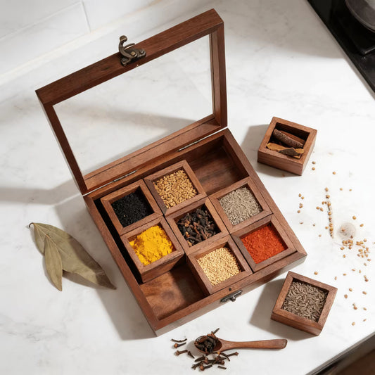 Handcrafted Wooden Spice Box With 9 Movable Boxes